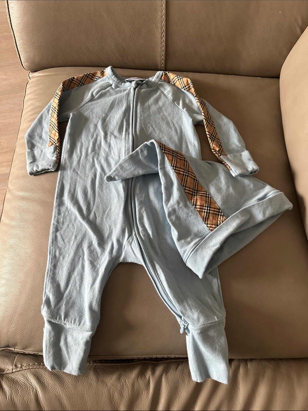Burberry Light Blue Footed One-Piece with Signature Check Trim